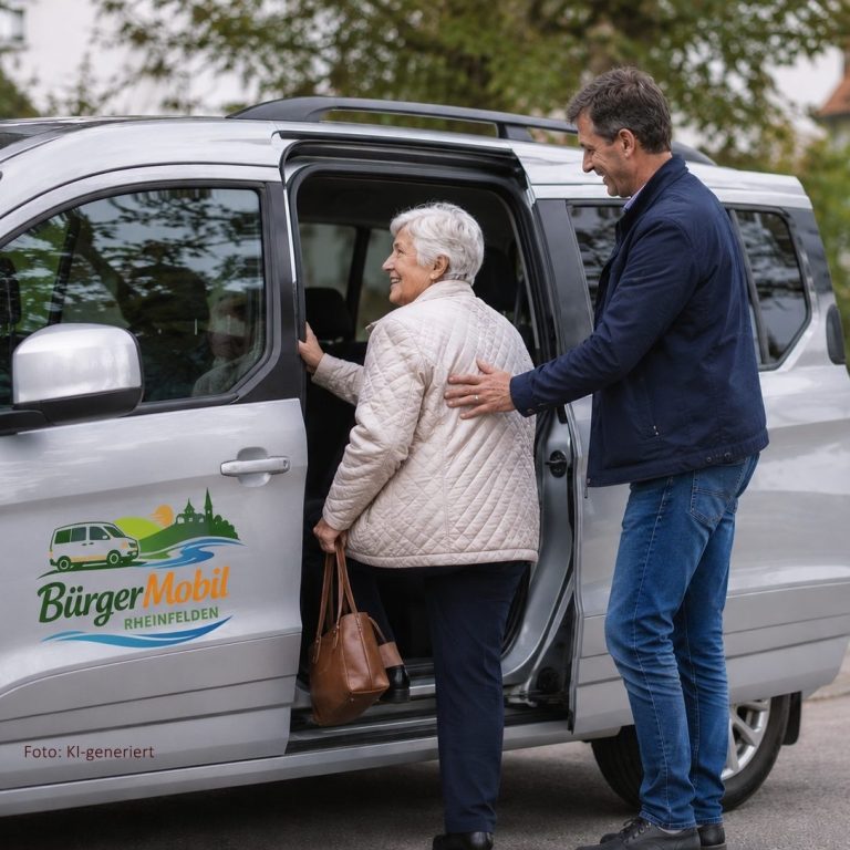 Einsteigen ins BürgerMobil Rheinfelden Ein Mann hilft einer älteren Frau ins BürgerMobil Rheinfelden einzusteigen.
